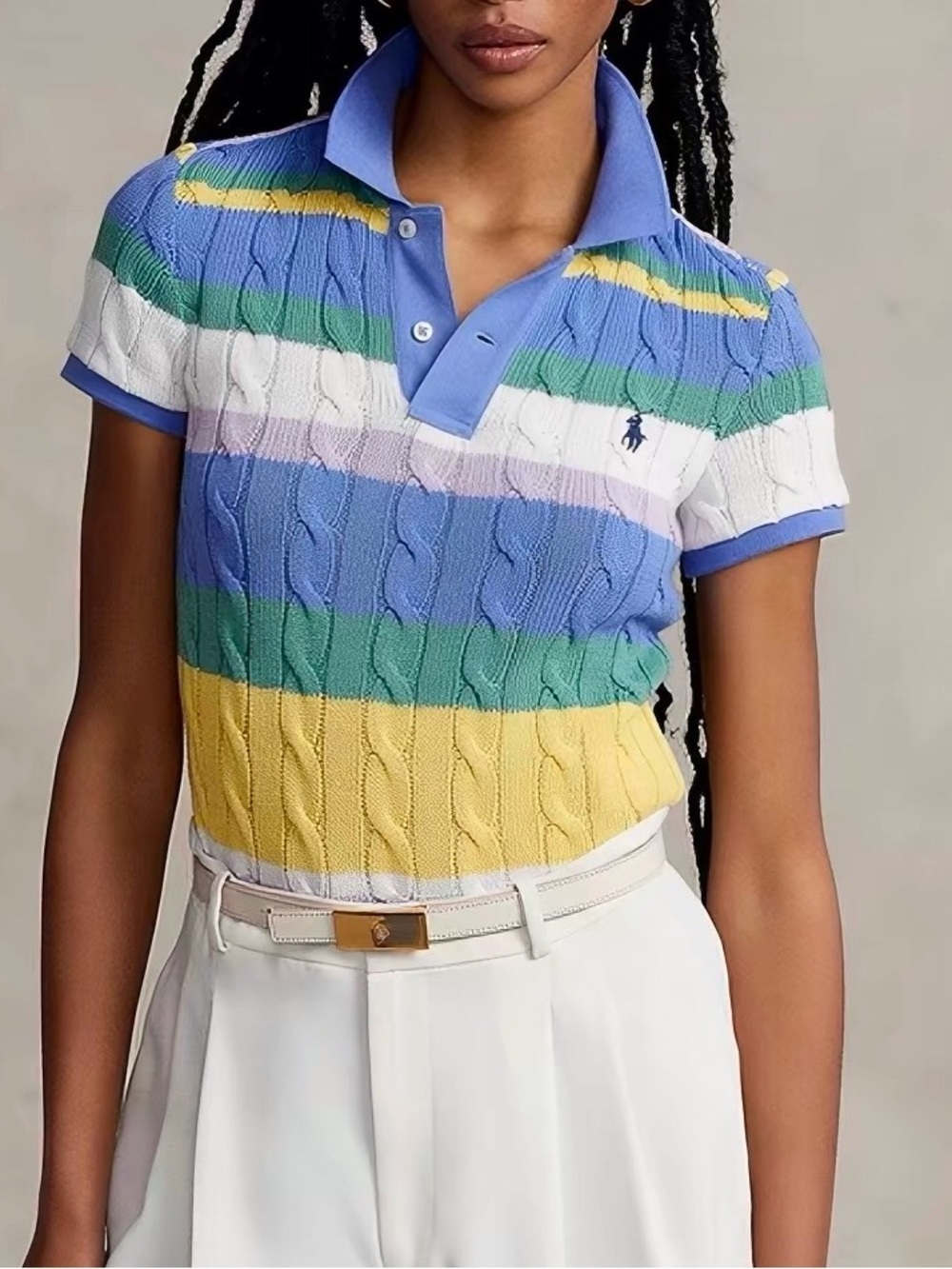 Ralph Lauren Pastel Striped Cable-Knit Polo in Blue, Green, Yellow, White, Lilac